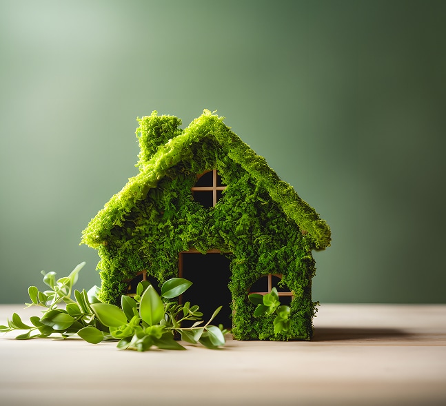 Maison Écologique en Mousse : Concept Naturel Petite maison écologique couverte de mousse verte luxuriante et entourée de jeunes pousses, sur fond vert pastel.